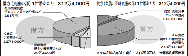 バランスシートをもとに一世帯あたりに換算し、資産の部(借方)と負債、正味資産の部(貸方)に分けたグラフで、総計が312万4千円となります。左側が資産の部で有形固定資産(所有している土地や家屋などにあたります)が261万円、投資等(定期預金や株などにあたります)が22万1千円、流動資産(現金や普通預金などにあたります)が29万3千円となり、合計で312万4千円となります。右側が負債と正味資産の部で固定、流動負債(ローンの残高などにあたります)が64万3千円、正味資産(親からの援助金や自己資金などにあたります)が248万1千円となり、合計で312万4千円となります。なお、このグラフは平成21年3月31日現在の人口25,079人、8,495世帯をもとに換算しました。
