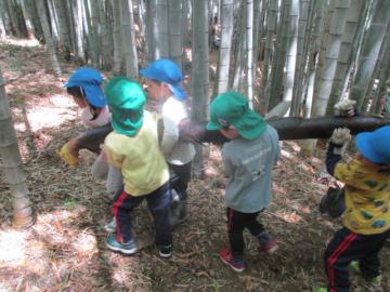 大きなたけのこを5人で協力して運んでいる